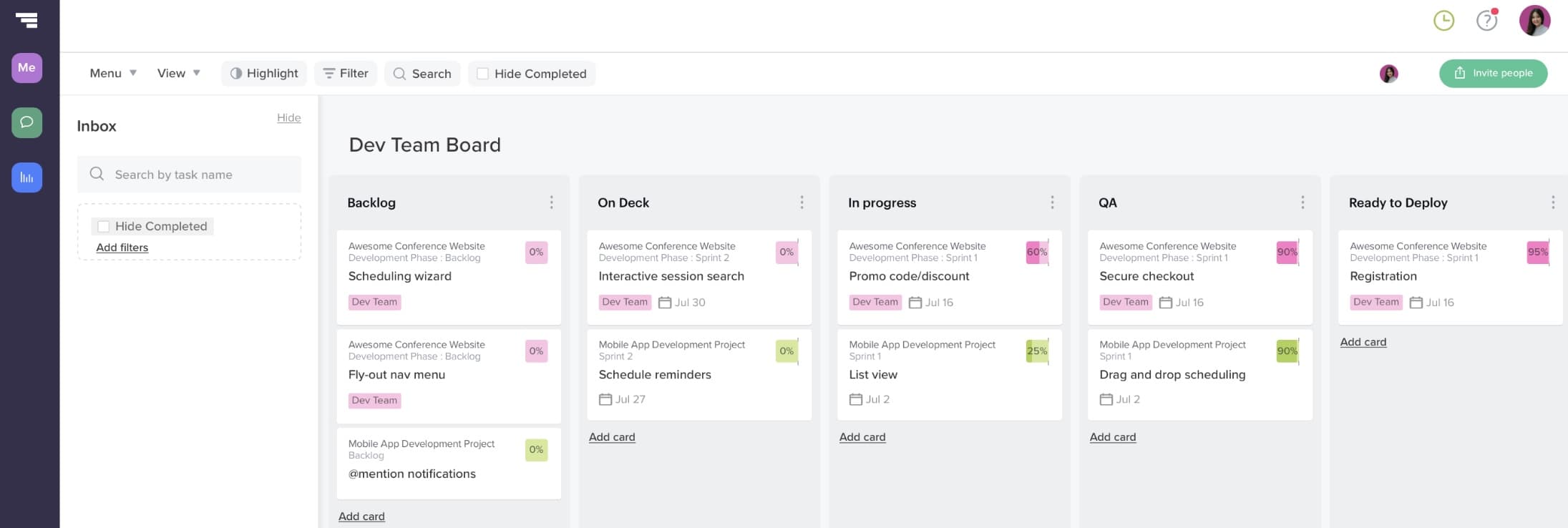 Custom kanban board in TeamGantt for managing Agile sprints in a hybrid project plan