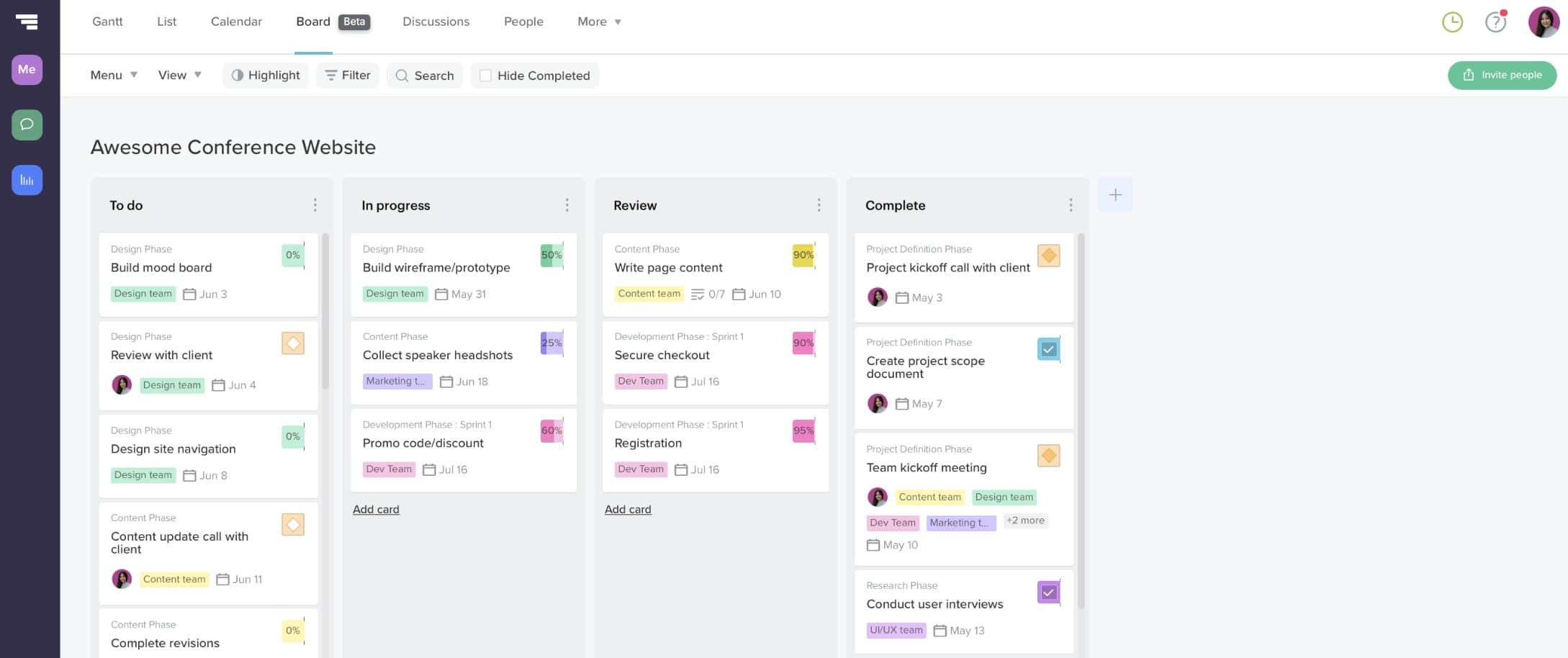 Project board for a hybrid project plan
