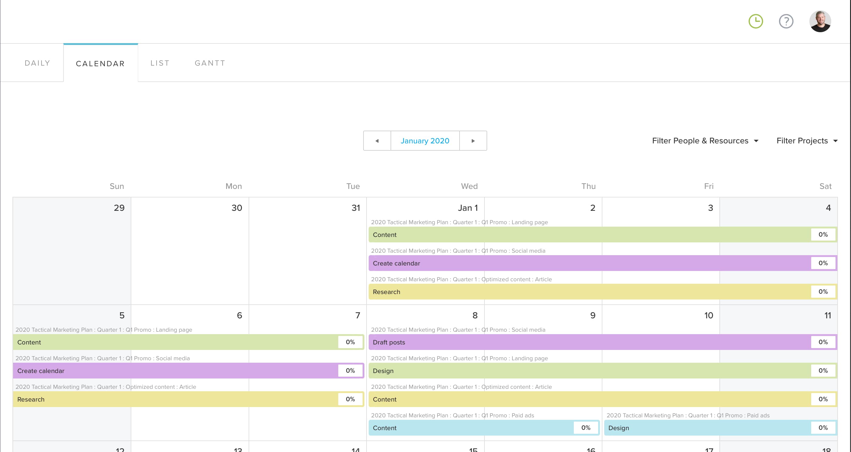 Using TeamGantt's Calendar view to review your plan at a glance