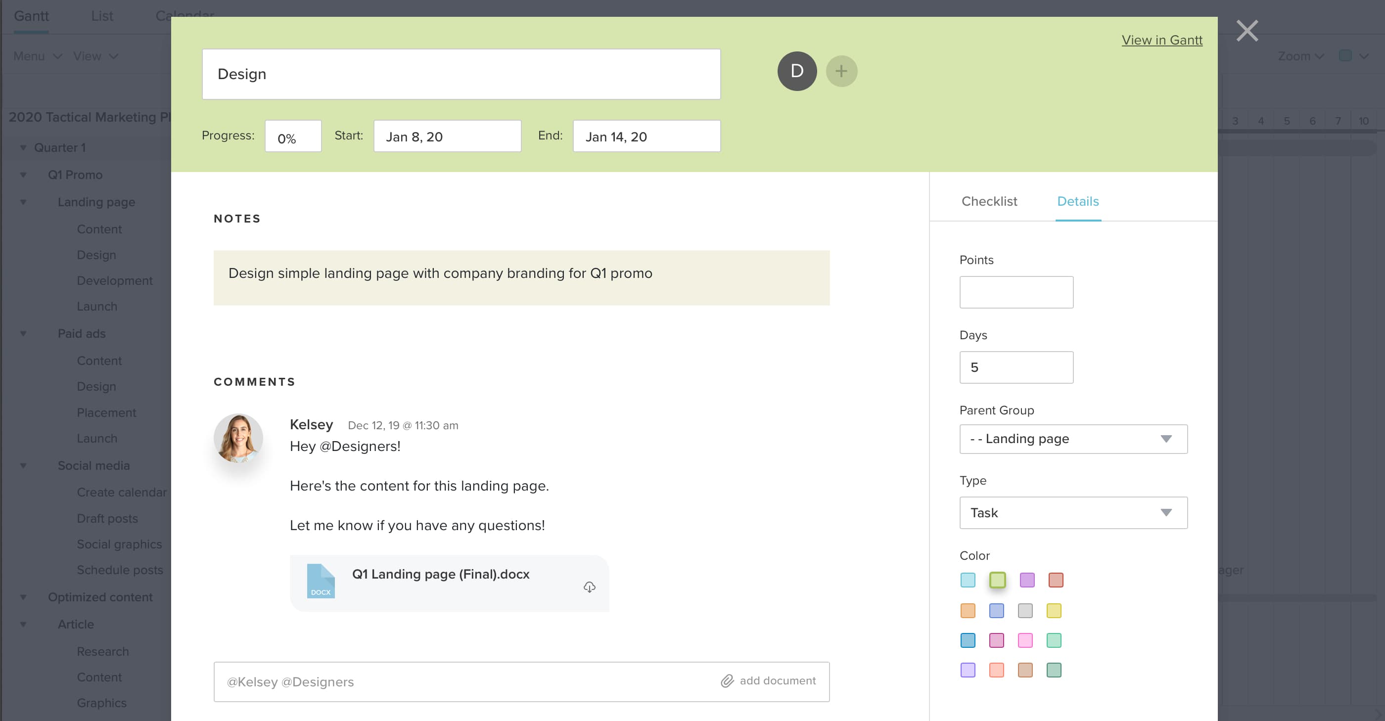 Collaborating on tactical marketing tasks using TeamGantt's discussion feature