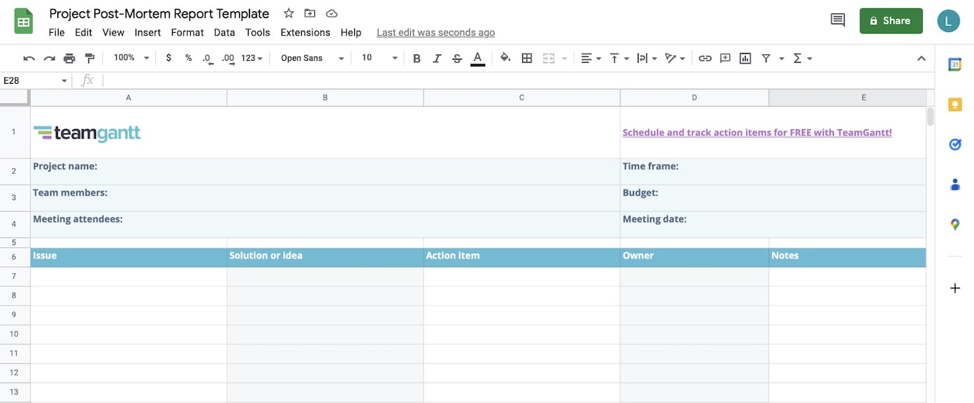 A Google Sheets document that's been formatted to use as a project post-mortem report, with fields for project name, time frame, team members, budget, meeting attendees, and meeting date as the header of the report. The spreadsheet has columns for issue, solution or idea, action item, owner, and notes.