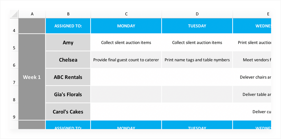 Example of a project schedule for planning a silent auction event