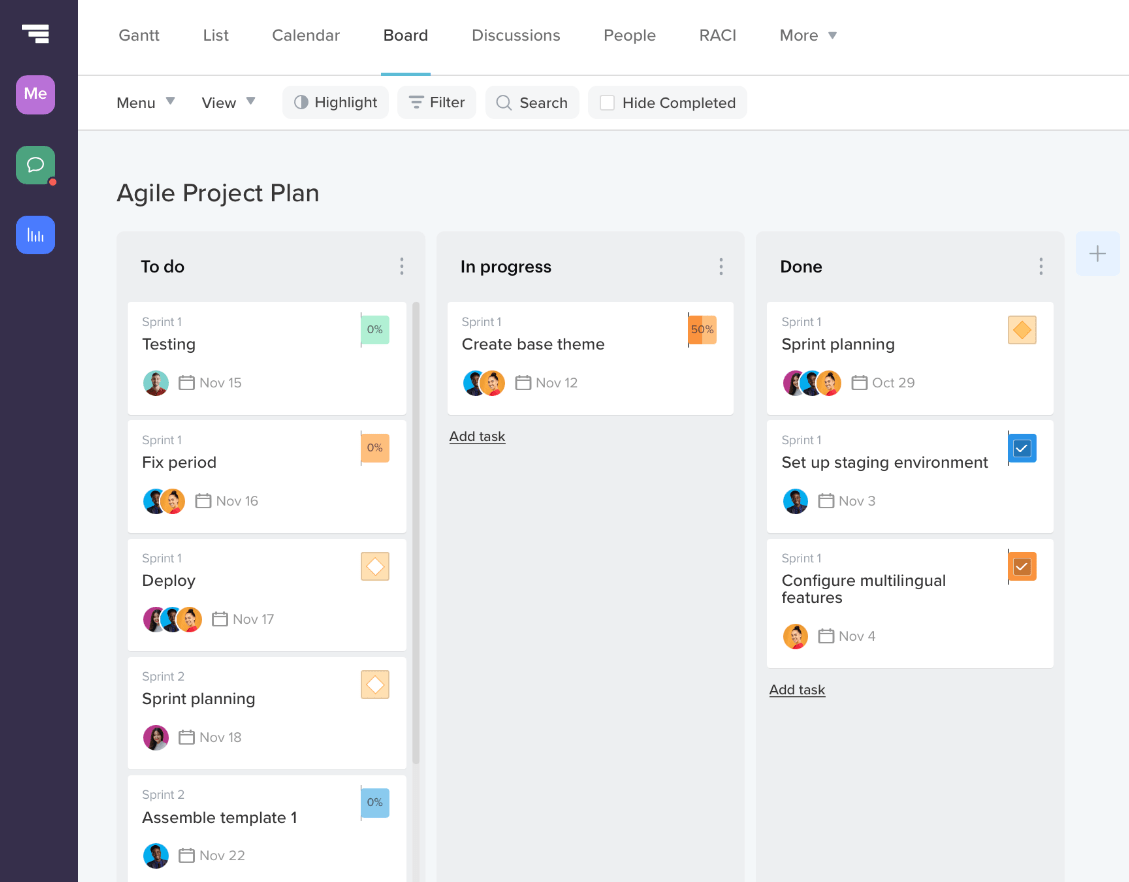 Sample Agile project plan in a kanban board view with columns for to do, in progress, and done