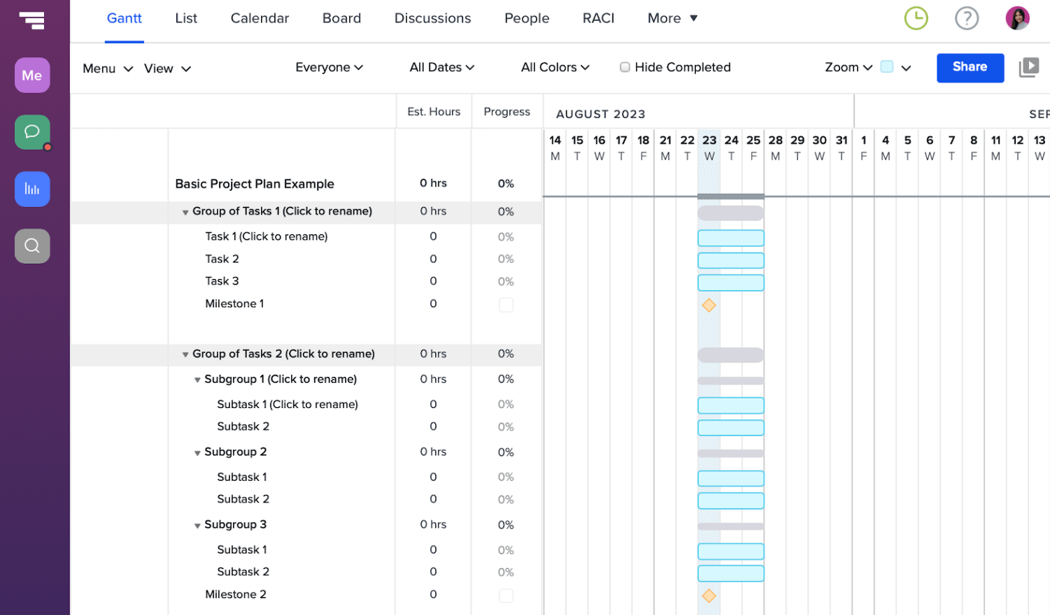 Basic project plan template in TeamGantt with placeholder tasks that can easily be customized
