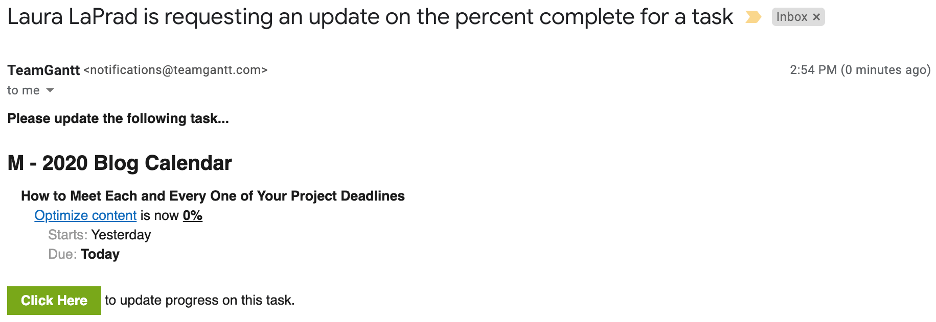 email notification asking for progress update