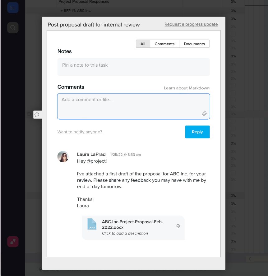 Example of a project proposal draft uploaded to a task comment for internal review