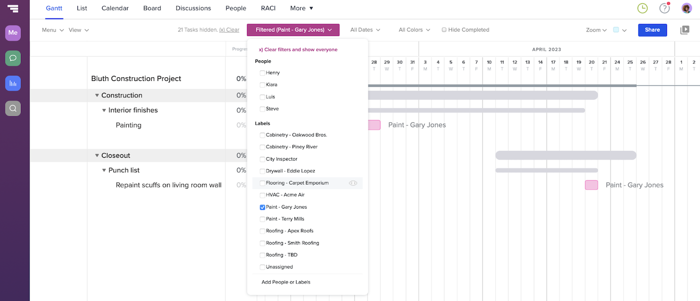 Resource schedule filtered by construction trade